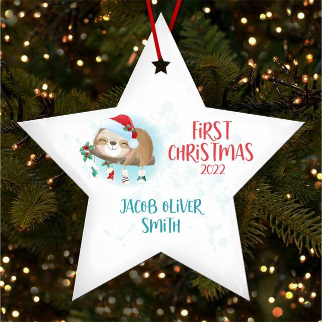 Sleeping Sloth Baby's 1St Star Personalised Christmas Tree Ornament Decoration