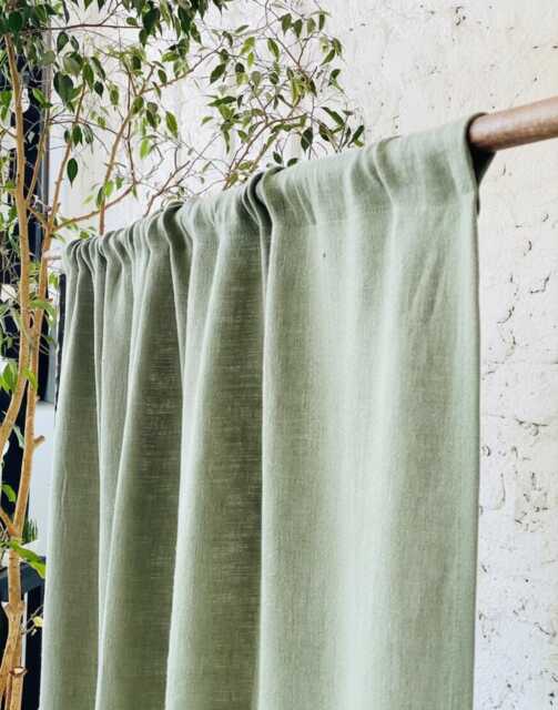 Moss Green Stonewashed Linen Curtains, Rod Pocket Curtain Panels, Softened Drapes For Bedroom, Rustic Living Room Decor - image 1