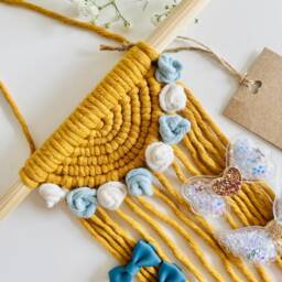 Personalised Macrame Bow Holder - Nursery Hair Clip Display Organiser Bumble Bee Wall Hanging Natural Decor Various Colours - thumbnail 3