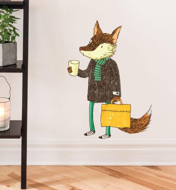 Coffee Fox Wall Sticker Decal - Kids Stickers, Animals Childrens Decals, Art, Room, Girl, Boy