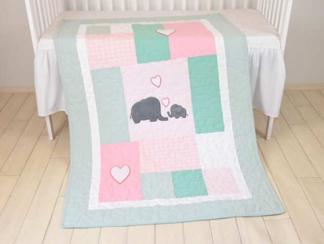 Pink Baby Blanket Mint Elephant Quilt, Girl Crib Bedding, Patchwork Bespread - image 1