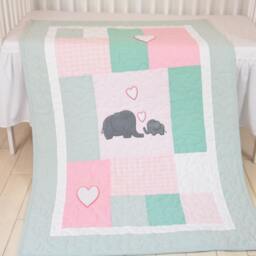 Pink Baby Blanket Mint Elephant Quilt, Girl Crib Bedding, Patchwork Bespread - thumbnail 2
