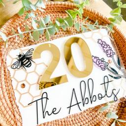 Hand Painted House Door Sign -Bumble Bee Flower Garden Print - Personalised Scripted Acrylic Mirror Numbers - thumbnail 2