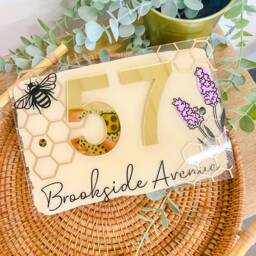 Hand Painted House Door Sign -Bumble Bee Flower Garden Print - Personalised Scripted Acrylic Mirror Numbers - thumbnail 3
