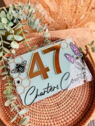 Hand Painted House Door Sign -Bumble Bee Flower Garden Print - Personalised Scripted Acrylic Mirror Numbers - thumbnail 1