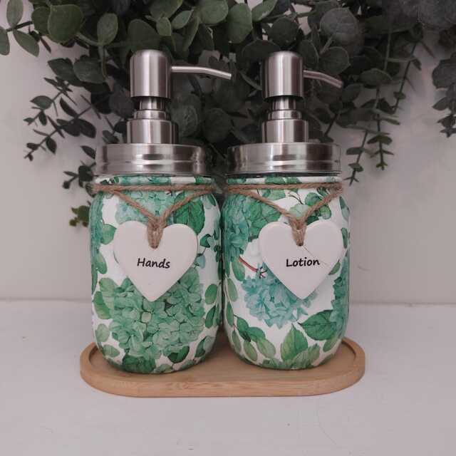 Beautiful Floral Green Hydrangea Decoupaged Mason Jar Soap Dispenser - image 1
