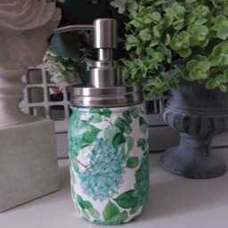 Beautiful Floral Green Hydrangea Decoupaged Mason Jar Soap Dispenser - thumbnail 2