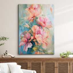 Abstract Floral Wall Art Print Blush Pink Peony Bouquet Pastel Teal Modern Canvas Or Black Framed Decor For Living Room - thumbnail 1