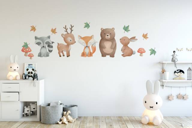 Woodland Animals Wall Decal - Cozy Nursery Forest Friends, Self Adhesive Decals, Childrens Room Decor, Raccoon Deer Fox Art - image 1