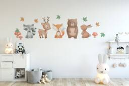 Woodland Animals Wall Decal - Cozy Nursery Forest Friends, Self Adhesive Decals, Childrens Room Decor, Raccoon Deer Fox Art - thumbnail 1