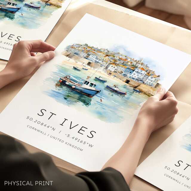 st Ives, Cornwall, Art Print, Travel Poster, Cornwall Gift, Map Coordinates, English Coastal Prints, Ives Beach Print - image 1