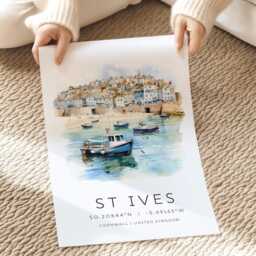 st Ives, Cornwall, Art Print, Travel Poster, Cornwall Gift, Map Coordinates, English Coastal Prints, Ives Beach Print - thumbnail 2