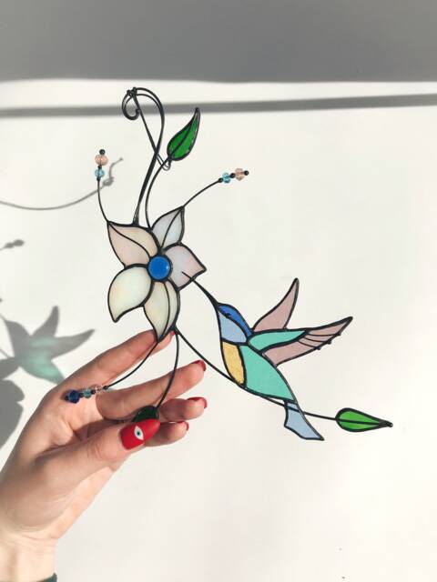 Hummingbird Stained Glass Suncatcher Farmhouse Home House Decor Bird Window Wall Hangings Animal Mother's Gift Living Kitchen Room Art - image 1