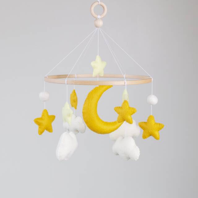 Handmade Felt Baby Mobile With Moon, Stars & Clouds, Unique Nursery Decor - image 1