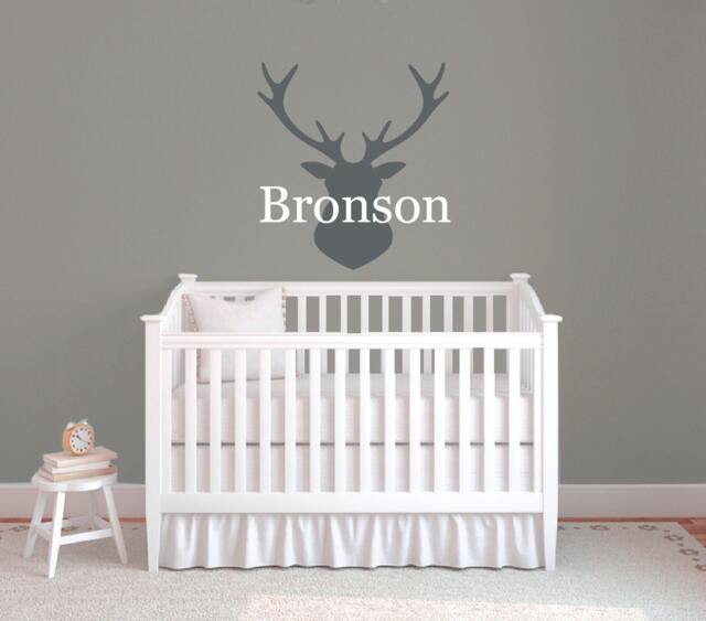 Woodland Nursery Decor, Name Decal, Deer Decals, Animals, Head, Personalized Name Wall Hunting Antler Decor B435 - image 1