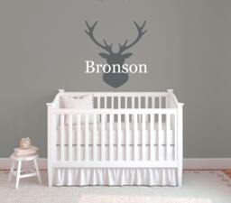 Woodland Nursery Decor, Name Decal, Deer Decals, Animals, Head, Personalized Name Wall Hunting Antler Decor B435 - thumbnail 1