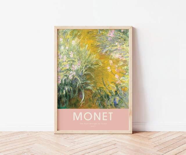 Monet Exhibition Print, The Path Through The Irises, Poster, Gallery Wall, Vintage Typography, Portrait, Gift, Pink Poster - image 1