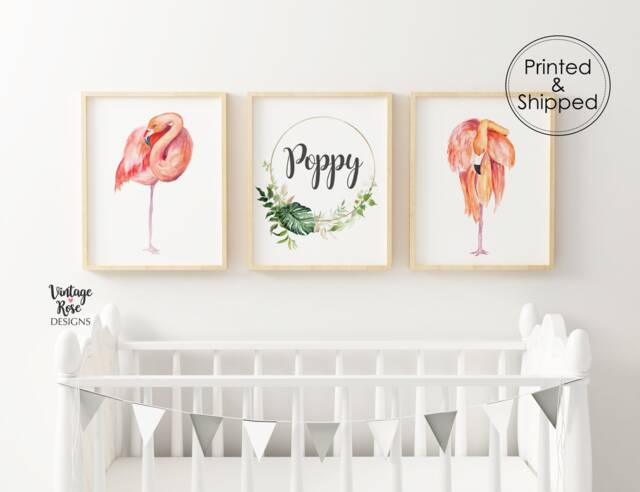 Set Of 3 Nursery Prints, Flamingo Decor, Tropical Leaves, Theme Personalised Pink - image 1