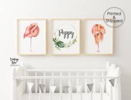 Set Of 3 Nursery Prints, Flamingo Decor, Tropical Leaves, Theme Personalised Pink - thumbnail 1