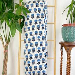 Kantha Quilted Stitch Pure Cotton Reversible Bed Throw King Size Quilt - Handmade Handprint Country Elegant White Blue Mughal Marigold - thumbnail 3