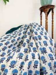 Kantha Quilted Stitch Pure Cotton Reversible Bed Throw King Size Quilt - Handmade Handprint Country Elegant White Blue Mughal Marigold - thumbnail 1