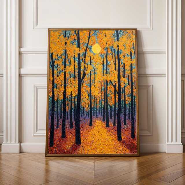 Autumn Forest Landscape, Art Print, Orange & Yellow Decor, Living Room Wall Art, Yayoi Kusama Inspired Art, Gift For Coworker - image 1