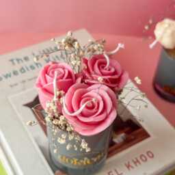 Handmade Rose Soy Candle Trio - Grey Glass, Floral Decor - thumbnail 3