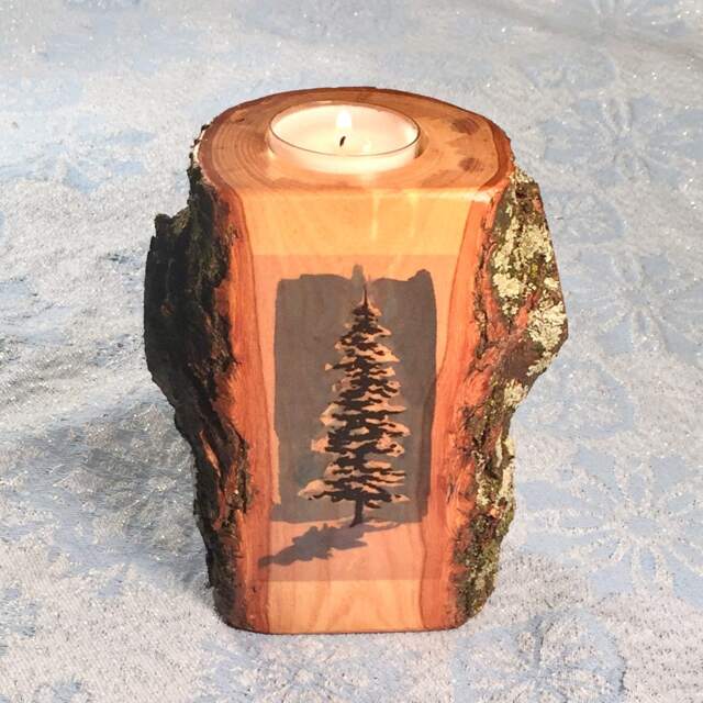 Snowy Tree Wood Tealight Candle Holder, Rustic Home Decor, Reclaimed Gifts Under 25, Flat Front Custom Image