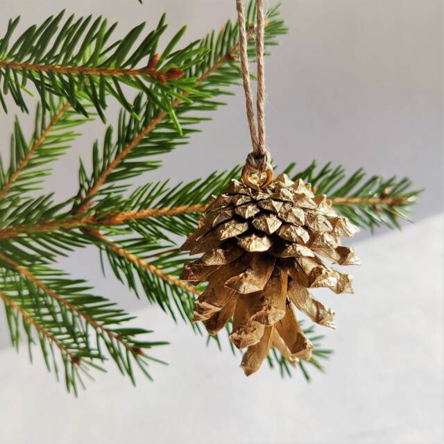 Pine Cone Christmas Tree Gold Ornaments, Set Of 10 Real Pinecones Eco-Friendly Handmade Decor - image 1