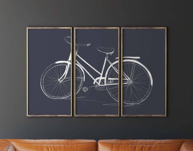 Printable Bicycle Art, Wall Triptych, Navy Blue Living Room Decor, Art - image 1
