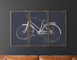 Printable Bicycle Art, Wall Triptych, Navy Blue Living Room Decor, Art - thumbnail 1