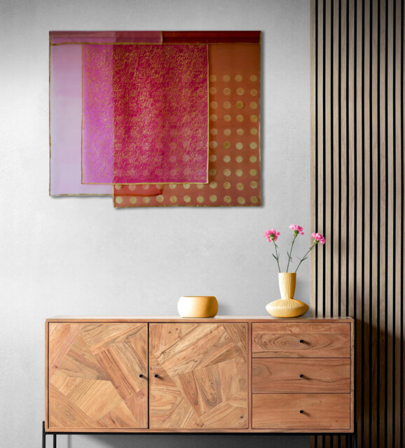 Hand-Painted Silk Bojagi Wall Hanging Geometric Jogakbo Art - image 1
