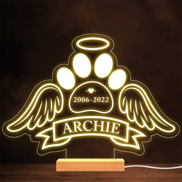 Pet Paw Angel Wings Cat Dog Loss Memorial Dates Personalised Gift Night Light - image 1