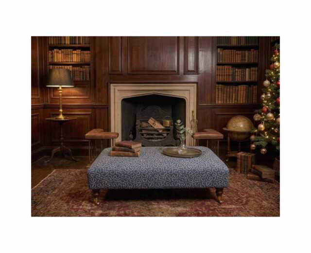 Linwood Wiggle Fabric Upholstered Footstool With Mahogany Wooden Castor Legs, Vintage Modern Coffee Table - image 1