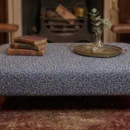 Linwood Wiggle Fabric Upholstered Footstool With Mahogany Wooden Castor Legs, Vintage Modern Coffee Table - thumbnail 3