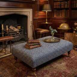 Linwood Wiggle Fabric Upholstered Footstool With Mahogany Wooden Castor Legs, Vintage Modern Coffee Table - thumbnail 2