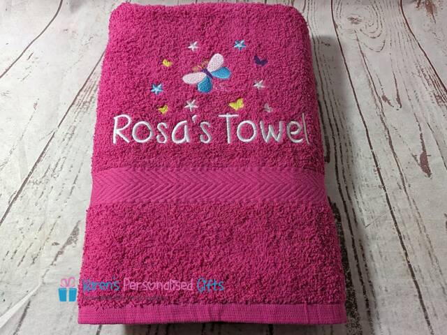 Personalised Kids Bath Towel, Pink Butterflies Children's Butterfly Swim Embroidered - Choice Of Colours - image 1