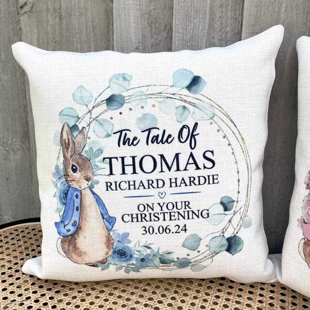 Personalised Christening Gifts, Girls Gift, Naming Day Baptism Cushion, Christening, Flopsy Bunny - image 1