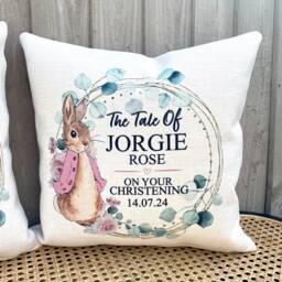 Personalised Christening Gifts, Girls Gift, Naming Day Baptism Cushion, Christening, Flopsy Bunny - thumbnail 3