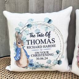 Personalised Christening Gifts, Girls Gift, Naming Day Baptism Cushion, Christening, Flopsy Bunny - thumbnail 1