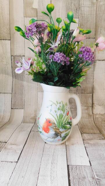 Decoupage Robin Flower Vase White Glass Jug With Snowdrops - image 1