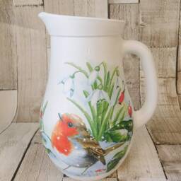 Decoupage Robin Flower Vase White Glass Jug With Snowdrops - thumbnail 2