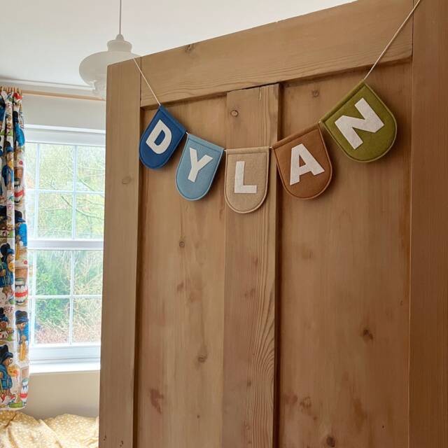 Large Boho Personalised Felt Garland - Land & Sea Customised Nursery Decor Kids Room Decoration Blue, Brown, Green Flag Name Bunting - image 1
