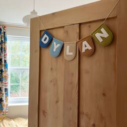 Large Boho Personalised Felt Garland - Land & Sea Customised Nursery Decor Kids Room Decoration Blue, Brown, Green Flag Name Bunting - thumbnail 1