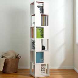 6-Tier Rotating Bookcase - 360 Spinning Tall Slim Bookshelf Floor Standing Corner Storage Rack For Living Room, Bedroom, Office - White - thumbnail 1