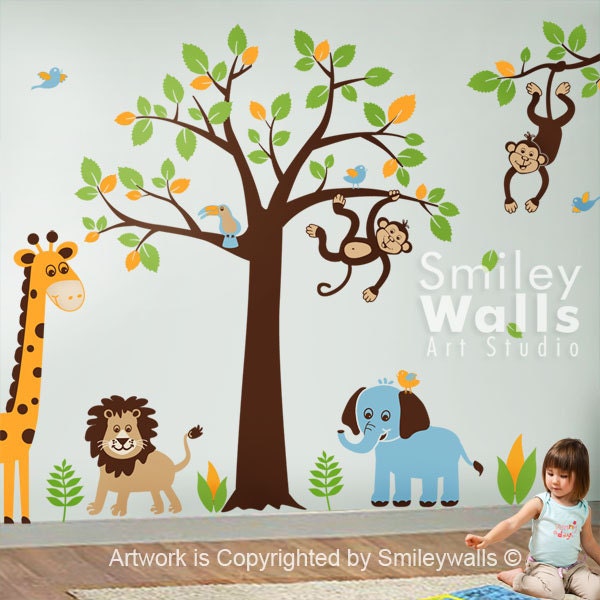 Safari Animals Wall Decal Jungle Monkey Giraffe Elephant Lion Tree Set Nursery Kids Playroom Room Decor Sticker Art - image 1