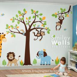 Safari Animals Wall Decal Jungle Monkey Giraffe Elephant Lion Tree Set Nursery Kids Playroom Room Decor Sticker Art - thumbnail 2