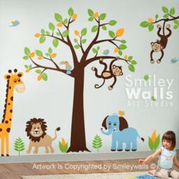 Safari Animals Wall Decal Jungle Monkey Giraffe Elephant Lion Tree Set Nursery Kids Playroom Room Decor Sticker Art - thumbnail 1