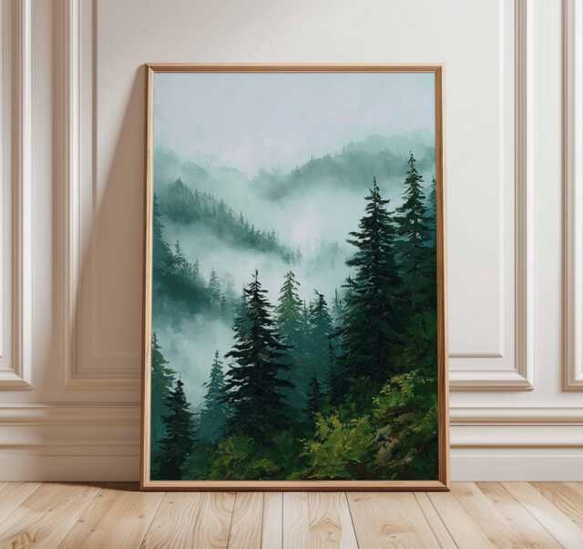Misty Forest Poster, Nature Wall Art Print, Evergreen Mountain Landscape Painting, Tranquil Woodland Foggy Trees Home Decor - image 1