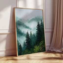 Misty Forest Poster, Nature Wall Art Print, Evergreen Mountain Landscape Painting, Tranquil Woodland Foggy Trees Home Decor - thumbnail 2